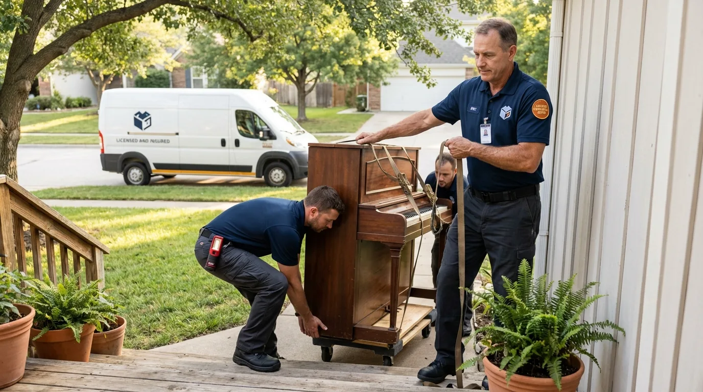 Licensed piano movers securing grand piano in Kings Park, NY