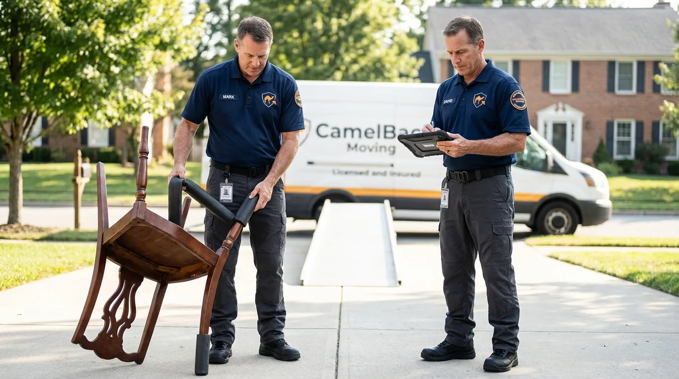 Movers inspecting furniture for damage prevention before loading in Kings Park, NY