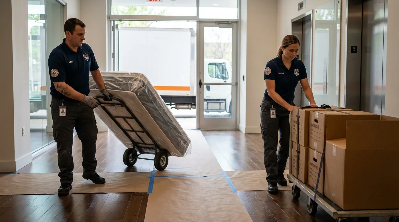 Professional apartment movers loading elevator in Kings Park, NY