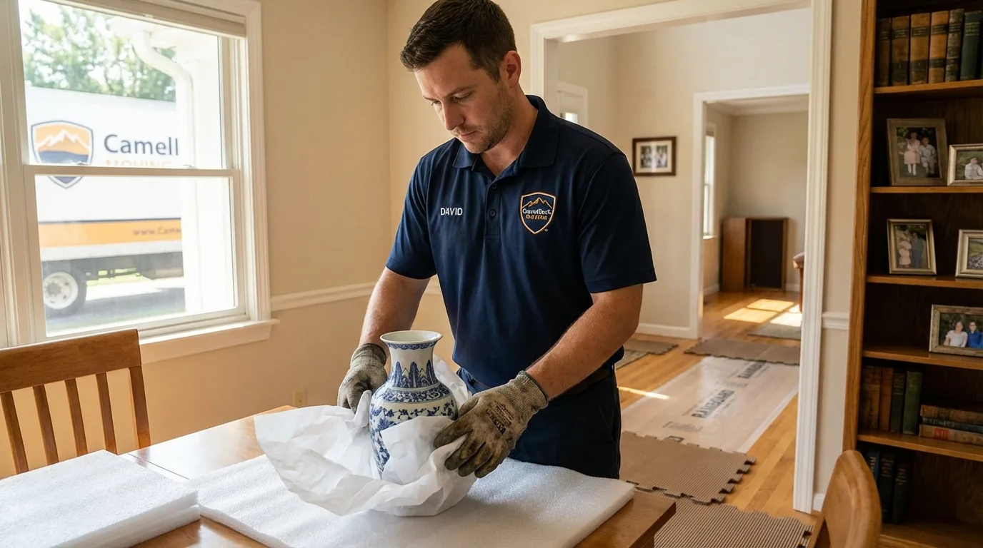 Professional crew carefully wrapping antique vase for senior downsizing move in Kings Park, NY